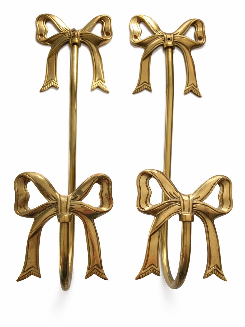 Vintage Solid Brass Ribbon Bow Wall Hooks Pair Curtain Tieback Coquette